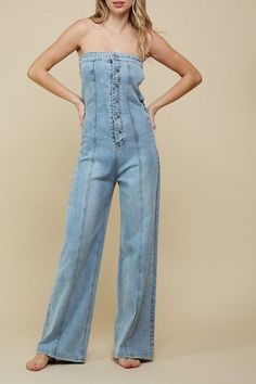 Details -front button up denim tube jumpsuit -sleeveless -wide leg - Content -78% cotton 20% polyester 2% spandex Tube Jumpsuit, Denim Wide Leg, Bodycon Dresses Casual, Sleek Fashion, Wide Leg Denim, Button Detail, Dress Backs