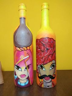 two bottles painted with cartoon characters on them