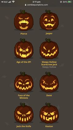 an iphone screen showing pumpkins with different faces and words on them, including the names of