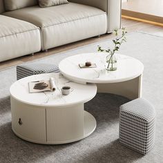 a living room filled with furniture and a white coffee table on top of a gray rug