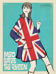 a woman in a british flag dress with her hands on her hips and the words mod save the queen