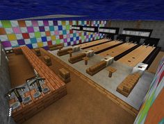 Minecraft Arcade Building, Fun Minecraft Ideas, Minecraft Grocery Store Interior, Minecraft Grocery Store, Minecraft Beach Builds, Minecraft Gym, Minecraft City Builds, Minecraft Playground