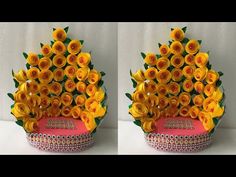 two pictures of yellow roses in a vase with pearls on the bottom, and one is made out of paper