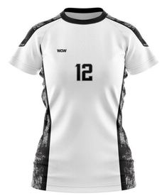 a women's white and black jersey with the number twelve printed on the chest