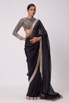 Black saree crafted in organza with mirror gulbahar embroidery on the border. Paired with a long sleeves high neck blouse with mirror jaal embroidery. - Aza Fashions Black Organza Saree, Mirror Blouse, Fashion Course, Mirror Embroidery, Organza Blouse, Female Dress, Indian Wedding Wear, Saree Blouses, Black Saree