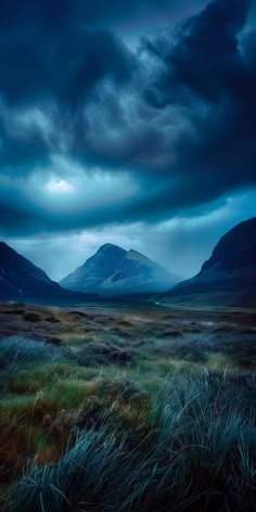 a field with grass and mountains in the background under a cloudy sky at night time