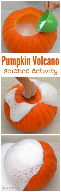 pumpkin volcano science activity for kids to learn how to make the volcano with white liquid