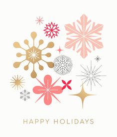 a holiday card with snowflakes and stars on the front, says happy holidays