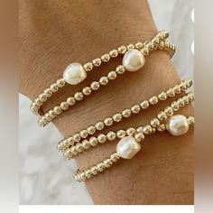 Brand New Stretchy Bracelet 4 Mm Wide Beads 0.3” Freshwater Pearl 14 Kt Gold Filled Hypoallergenic I Have 2 Of These Bracelets. They Look Great Stacked Together. Pearl Bracelets With Spacer Beads, Pearl Bracelet With Spacer Beads, Elegant Everyday Pearl Stretch Bracelet, Single Strand Round Pearl Bracelet, Single Strand Pearl Bracelet With Round Beads, Stackable Adjustable Pearl Bracelet With Round Beads, Adjustable Stackable Pearl Bracelet With Round Beads, Dainty Pearl Beaded Bracelets With Spacer Beads, Dainty Pearl Beaded Bracelet With Spacer Beads