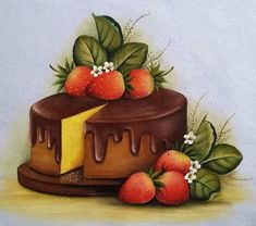 a painting of a chocolate cake with strawberries on top