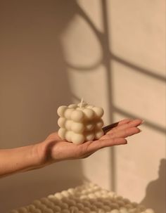 a woman's hand holding a bunch of grapes in front of a white wall