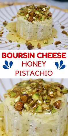 this is an image of two cheeses with nuts and honey on top for pistachio