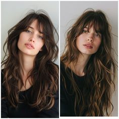 Dark Hair Cool Skin Tone, Air Dry Bangs, Brunette Bangs Shoulder Length, Shaggy Hair Ondulado, Daisy Edgar Jones Hair, Brunette Wavy Hair, Brunette Bangs, Bangs Wavy Hair, Layered Hair With Bangs