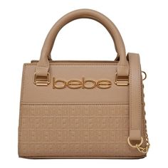 a small beige handbag with the word bebe on it's front and side handles