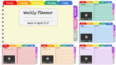 the weekly planner is shown in multiple colors