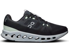 the on cloud running shoe in black and grey with white soles, side view