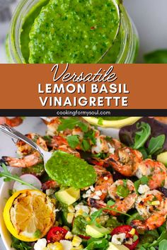 a bowl filled with shrimp and vegetables next to a jar of lemon basil vinaigrette