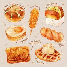 an illustration of different types of breads and pastries