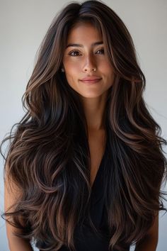 Winter Hair Color Dark, Dark Hair Face Framing Highlights, Black Hair With Front Highlights, Brown Face Framing Highlights, Long Bang Haircut, Dark Hair Subtle Highlights, Dark Brown Hair With Natural Highlights, Haircuts For Thick Hair Long, Subtle Highlights Brown Hair