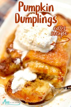 Pumpkin dumplings with whipped cream. Pumpkin Dumplings, Savory Pumpkin Recipes, Pumpkin Recipes Easy, Pumpkin Spice Recipe, Holiday Baking Recipes, Pumpkin Desserts, Dumplings Recipe, Fall Gathering, Crescent Dough