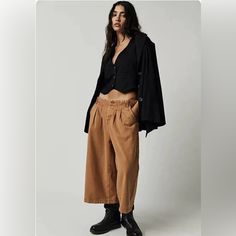 Elastic Waist, Low Slung, Exaggerated Wide Leg, Button Up Closure, Color-Ginger Relaxed Fit Button-up Bottoms For Fall, Relaxed Fit Button-up Fall Bottoms, Chic Button-up Cotton Pants, Chic Cropped Bottoms For Daywear, Fall Daywear Bottoms With Pockets, Fall Daywear Bottoms With Button Closure, Fall Button Closure Bottoms, High Waist Bottoms For Daywear In Fall, Cropped Bottoms With Button Closure For Fall