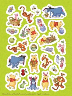 winnie the pooh and friends stickers are arranged on a green background with white border