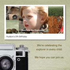 an advertisement for a children's birthday party with a camera and other things on it