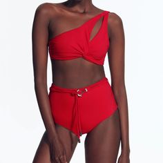 Cut-Out Detailed One Shoulder Padded High Waist Note:Buckle Belt Is Missing Sl1/T15 Chic Red Triangle Top Swimwear, Buckle Belt, Shoulder Pads, Belt Buckles, Womens Swim, Cut Out, One Shoulder, High Waist, Swimming