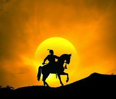 the silhouette of a person on a horse in front of a sunset