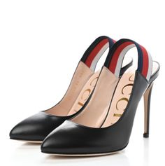 GUCCI Web Sylvie Black High Heel Slingback Pumps N2727 Size 37 / 7 US Details -Calfskin leather upper. -Web slingback pumps. -Elastic strap. -Heel measures approx. 4" (100mm). -Leather lining; leather soles. -Made in Italy. -Comes with original box and dust bag -Retails for $950.00 195 Designer Leather Slingback Pumps With Heel Strap, Luxury Calf Leather Pointed Toe Slingback Sandals, Designer Leather Slingback Pumps With Branded Heel, Designer Leather Slingback Pumps, Designer Leather Slingback Heels, Designer High Heel Slingback Pumps With Leather Sole, Luxury Slingback Sandals With Leather Lining, Luxury Slingback Sandals With Leather Sole For Work, Designer Slingback Pumps With Heel Strap