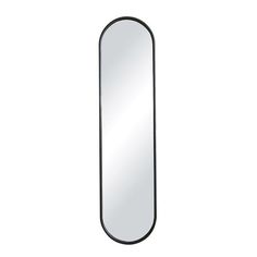 an oval mirror is shown against a white background with black trimmings on the edges