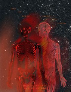 two skeletons standing next to each other in front of a star filled sky with stars