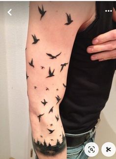 a person with a tattoo on their arm and birds flying in the sky above them