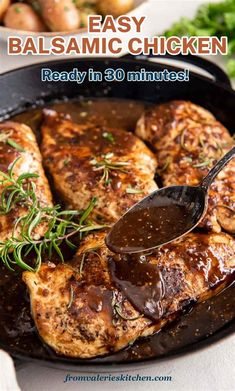 a pan filled with chicken covered in balsamic sauce