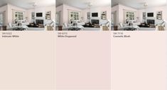 four different shades of pink paint in the living room and dining room with white furniture