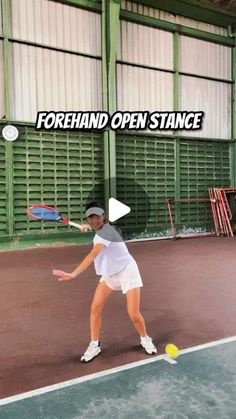 a woman is playing tennis on a court with the words forehand open stance in front of her