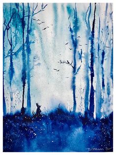 watercolor painting of trees and birds flying in the sky with blue paint on paper