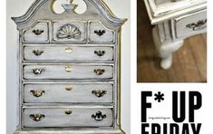 an old dresser has been painted white and gold with the words f'up friday on it