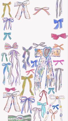 a drawing of different types of bows and ties on paper with colored crayons