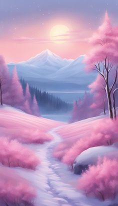 a painting of a snowy landscape with pink trees and mountains in the background at night