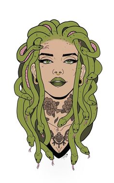 a drawing of a woman with long green hair and tattoos on her face is shown