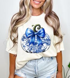 Blue Crew Neck Top With Printing, Blue Printed Crew Neck Top, Blue Bow Png, Chinoiserie Pumpkins, Autumn Png, Png Coquette, Bow Png, Pumpkin Png, Fall Png