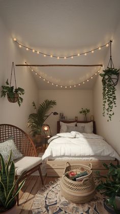 a bedroom with plants and lights on the ceiling