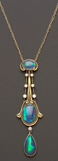 Art Nouveau Black Opal and Diamond Pendant, The Brassler Company, Newark, New Jersey, set with three opal cabochons among scroll and knife-edge motifs, seven old European-cut diamond melee highlights, completed by delicate fancy link chain, 14kt gold mount, lg. 2 3/4, 16 in., maker's mark "14B." Pendant Settings, Black Opal Pendant, Bijoux Art Nouveau, Newark New Jersey, Nouveau Jewelry, Jewelry Chain, Art Nouveau Jewelry, Deco Jewelry