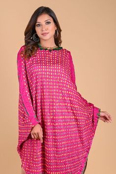 Fuchsia pink inverted triangle dress with tassel and coin details on the neckline. - Aza Fashions Triangle Dress, Inverted Triangle, Fashion App, Full Sleeve, Aza Fashion, Dresses Online, Pink Dress, Tassels, Print Dress