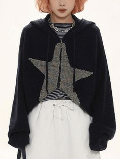 Long Sleeve Drawstring Cardigans Sweaters Star Jacquard Zip Up Hooded Knit Cardigan - AnotherChill Preppy Punk, Hooded Knit Cardigan, Street Y2k, Jacquard Design, Vintage Preppy, Hoodie Cardigan, Knitted Hood, Y2k Outfits, 90s Grunge