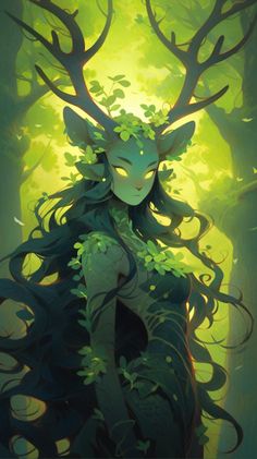 a woman with long hair and horns standing in front of some trees, surrounded by leaves