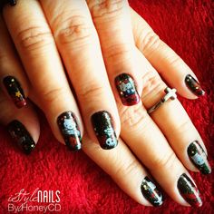 Ed Hardy- Hello Kitty tattooed nail art design. Hand-painted based polish and tattooed accents. Kitty Nails, Hello Kitty Tattoos, Hello Kitty Nails, Ed Hardy