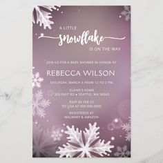 snowflake is on the way winter baby shower card with purple and white snow flakes