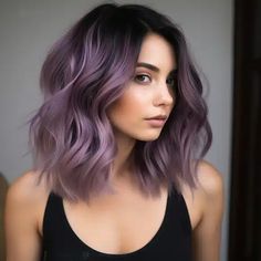 Lavender Baylage Brunette, Lavender Hair Inspiration, Silver Lilac Hair Dark Roots, Light Purple Hair Dark Roots, Ash Blonde Hair With Purple Highlights, Dark Brown And Lavender Hair, Lilac Hair Curly, Black Purple Hair Ombre, Diy Purple Balayage At Home